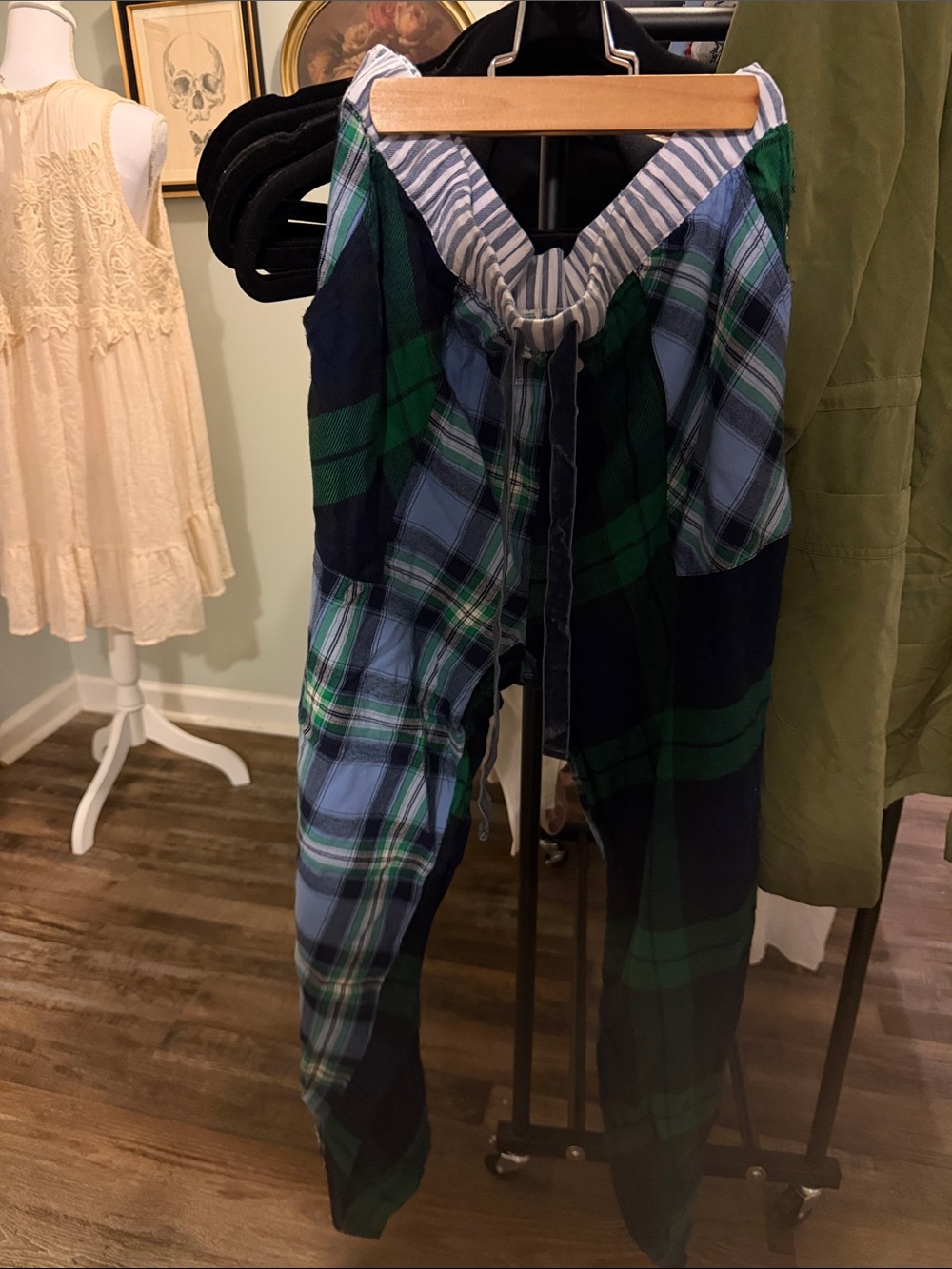 aerie Blue and Green Plaid Relaxed Track Pants